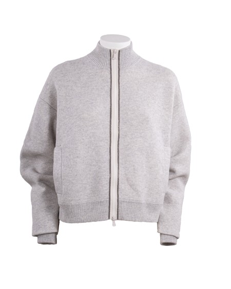 Shop BRUNELLO CUCINELLI  Felpa: Brunello Cucinelli outerwear in maglia double di cashmere con Shiny Trims. 
Chiusura con zip e doppio cursore.
Spalla abbassata.
Tasche basse verticali.
Apertura a zip su polsini.
Maglia rasata.
Decorazione in monile Nickel-free.
Composizione: 96% CASHMERE, 3% POLIAMMIDE, 1% ELASTAN.
Made in Italy.. M12119416-CV906